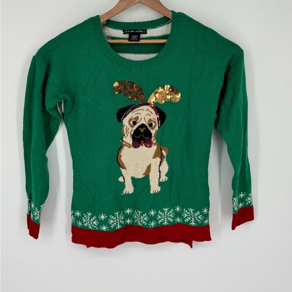 United States Sweaters Women's Sz Lg Sequined Pug Dog Ugly Christmas Sweater F8 - Picture 1 of 4